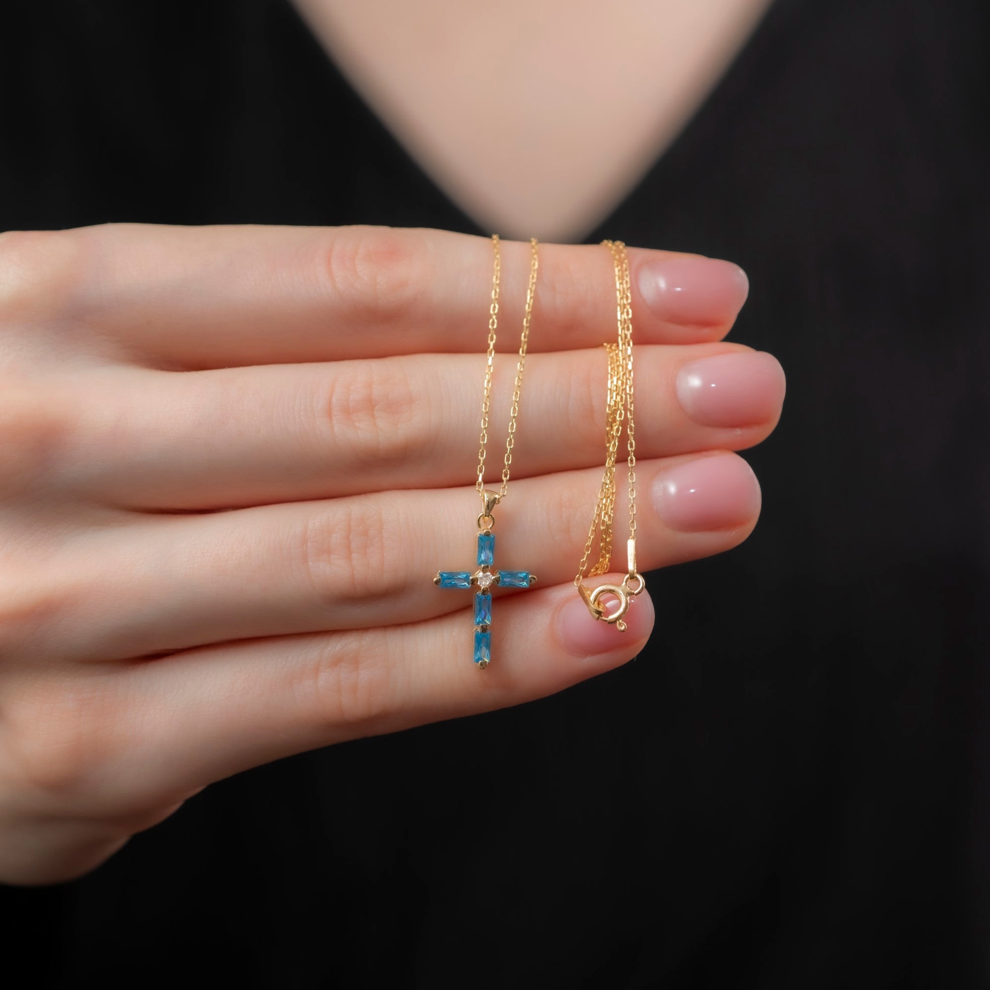 Blue Topaz Single Diamond Rectangular Cut Cross Necklace in 14K Solid Gold, December Birthstone Pendant Queen Jewelry Necklace