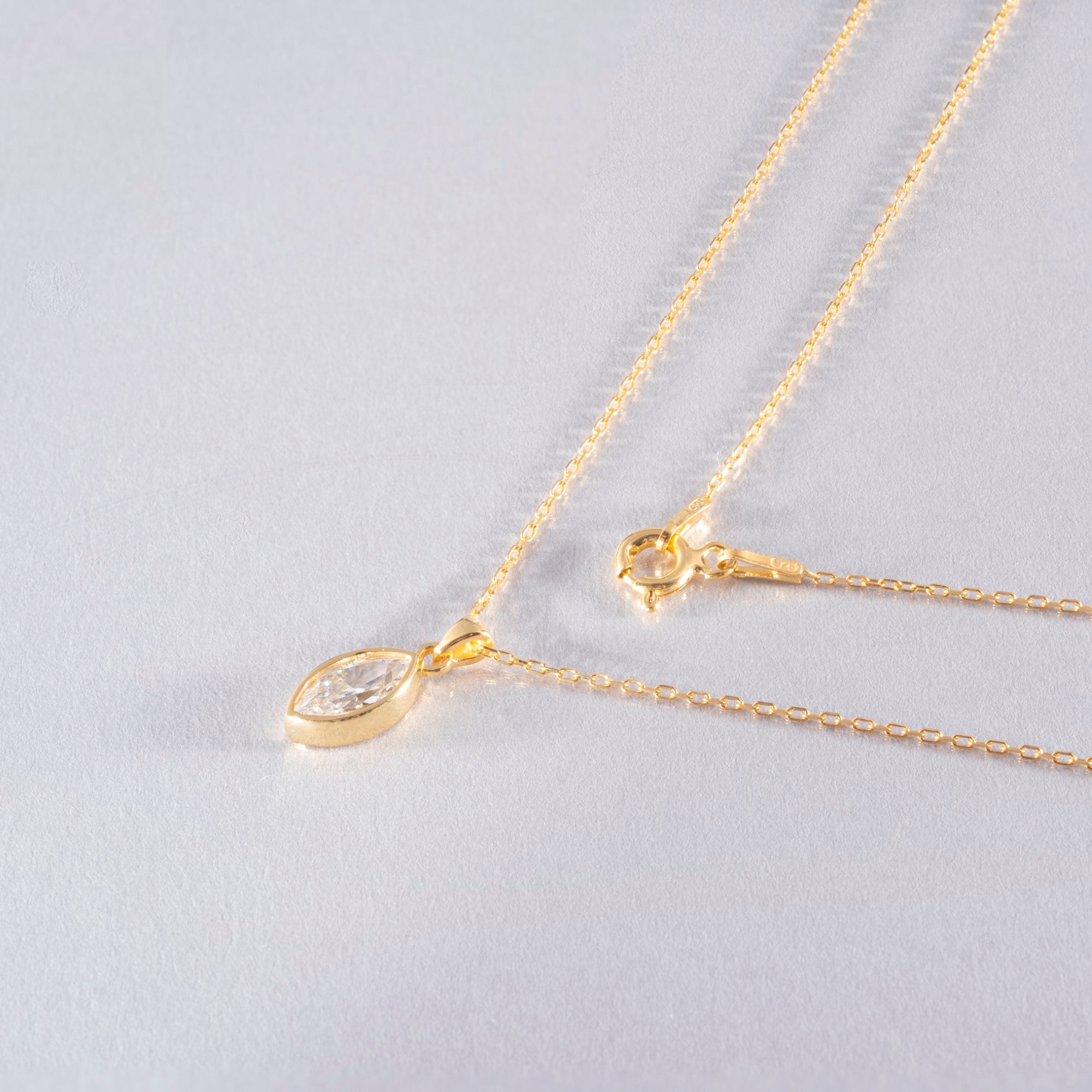 Marquise Cut White Topaz Bezel Necklace 14K Solid Gold, April Birthstone Pendant Queen Jewelry Necklace