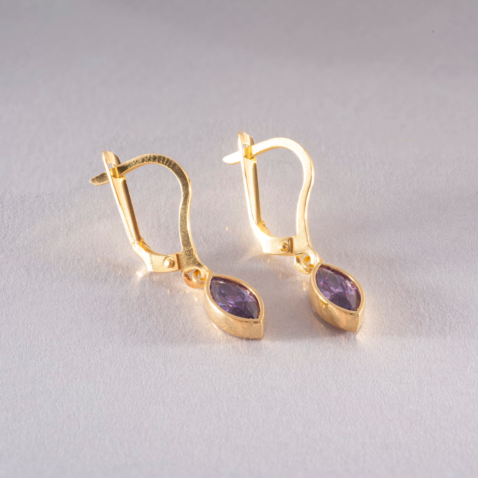 Amethyst Dangle Earrings Bezel Marquise Cut in 14K Solid Gold, February Birthstone Jewelry Queen Jewelry Earrings