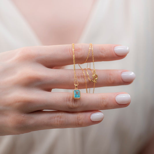 Aquamarine Rectangle Bezel Necklace 14K Solid Gold, March Birthstone Pendant Queen Jewelry Necklace