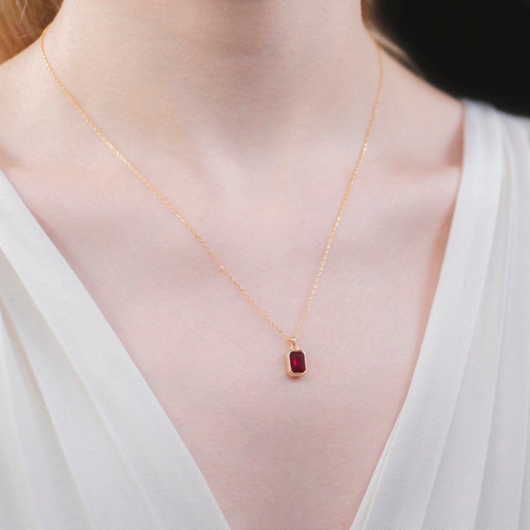 Ruby Rectangle Bezel Necklace 14K Solid Gold, July Birthstone Pendant Queen Jewelry Necklace