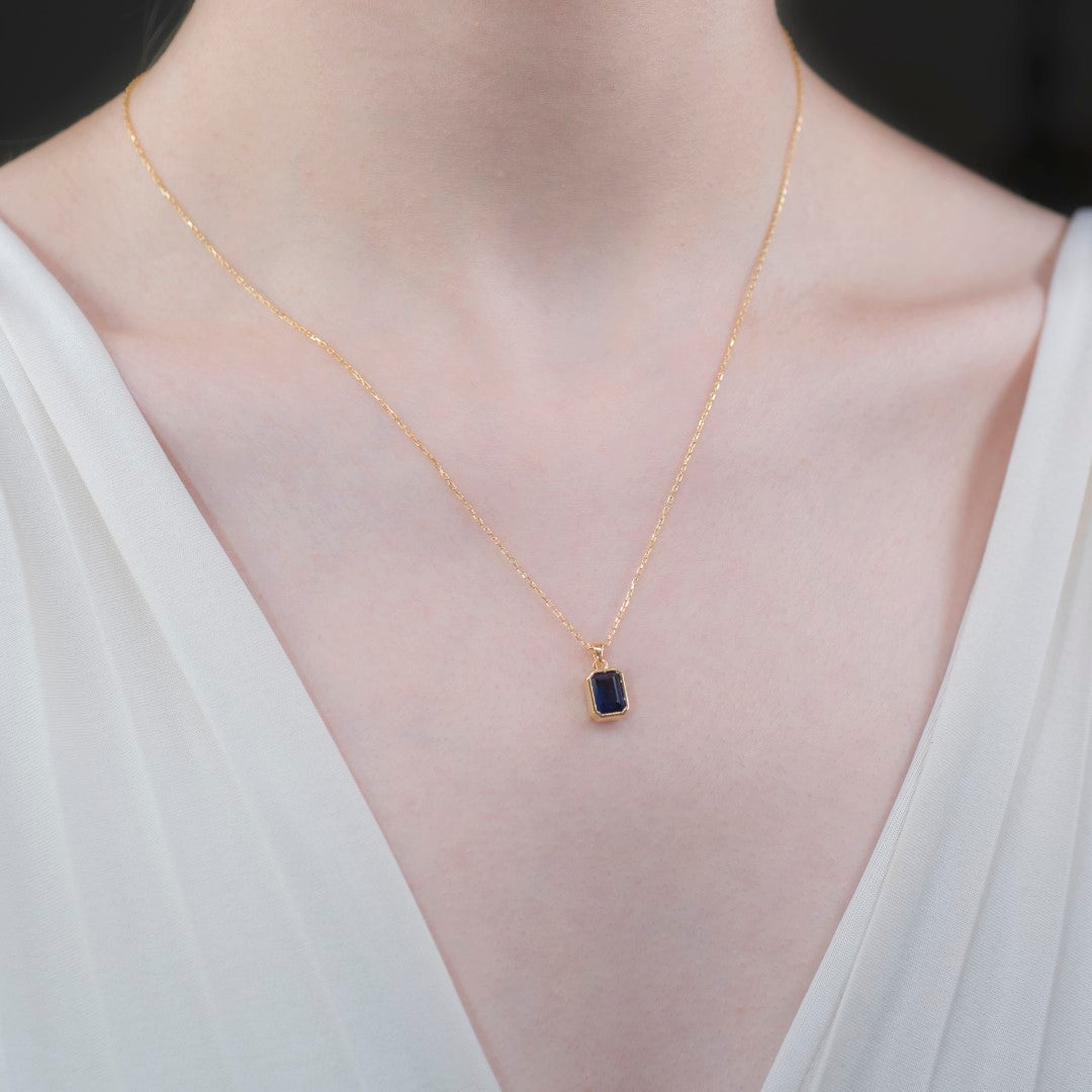 Sapphire Rectangle Bezel Necklace 14K Solid Gold, September Birthstone Pendant Queen Jewelry Necklace