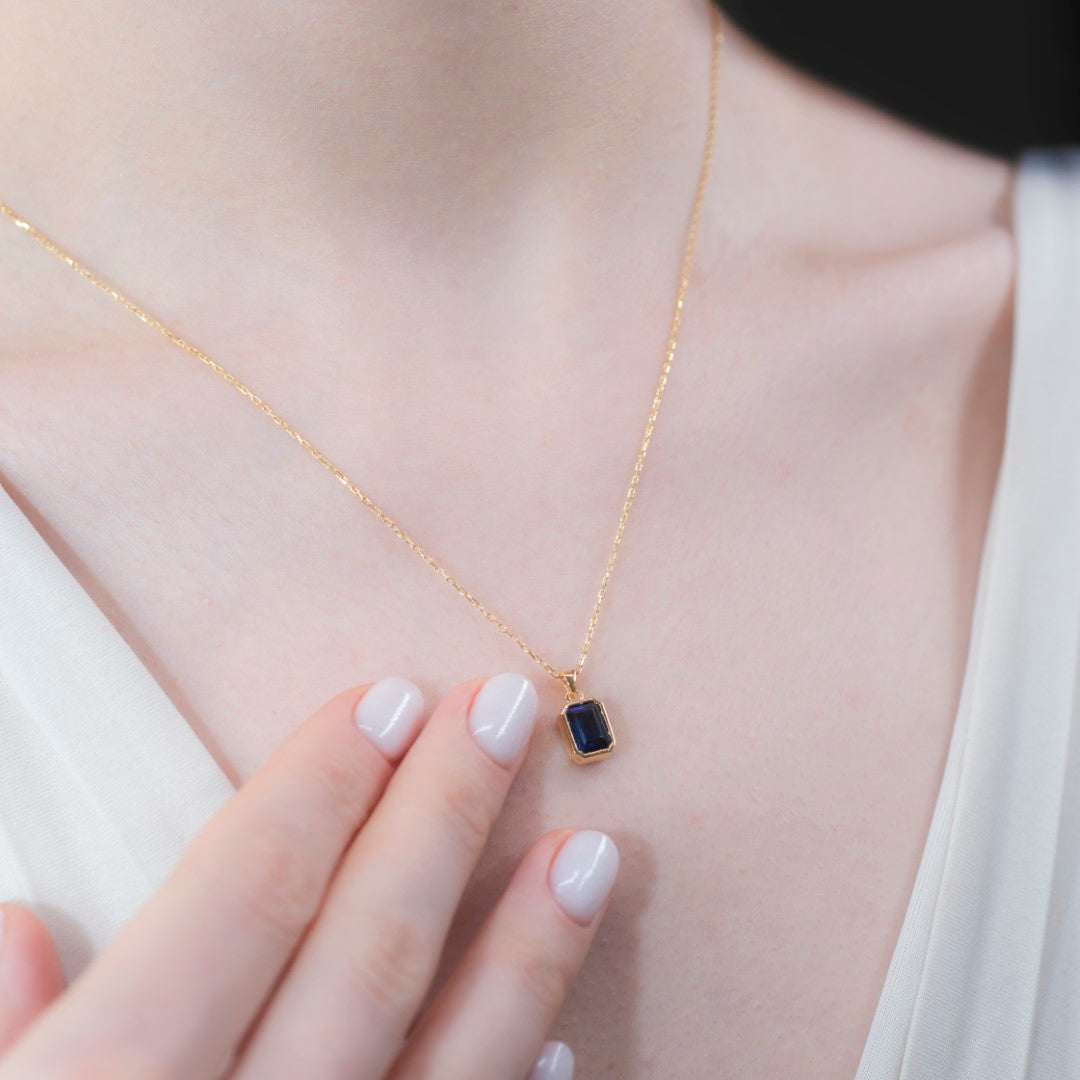 Sapphire Rectangle Bezel Necklace 14K Solid Gold, September Birthstone Pendant Queen Jewelry Necklace