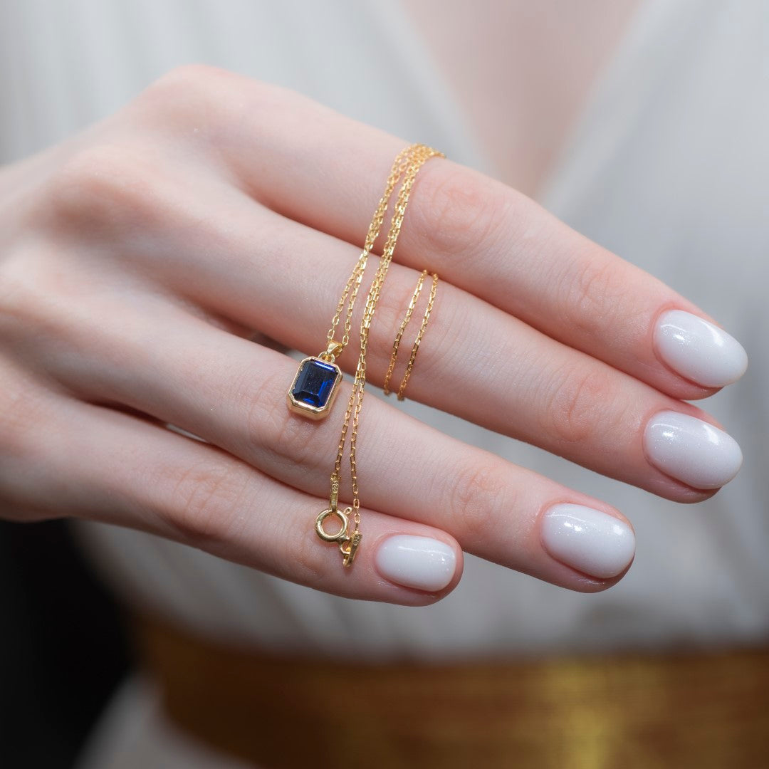 Sapphire Rectangle Bezel Necklace 14K Solid Gold, September Birthstone Pendant Queen Jewelry Necklace