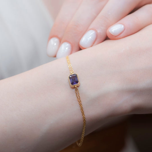 Amethyst Rectangle Bracelet 10K/14K Solid Gold, February Birthstone Baguette Jewelry