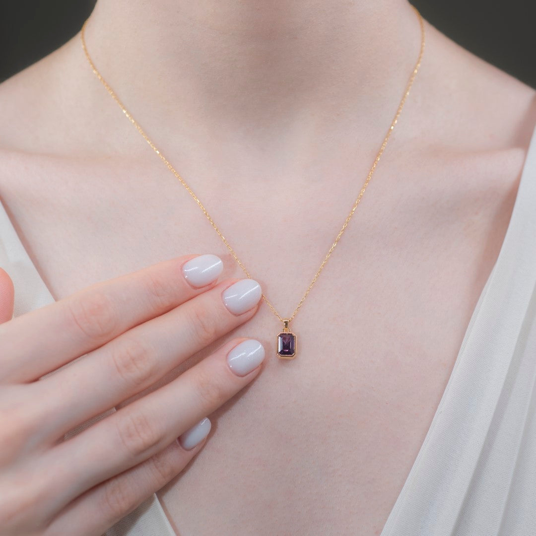 Amethyst Rectangle Bezel Necklace 14K Solid Gold, February Birthstone Pendant Queen Jewelry Necklace