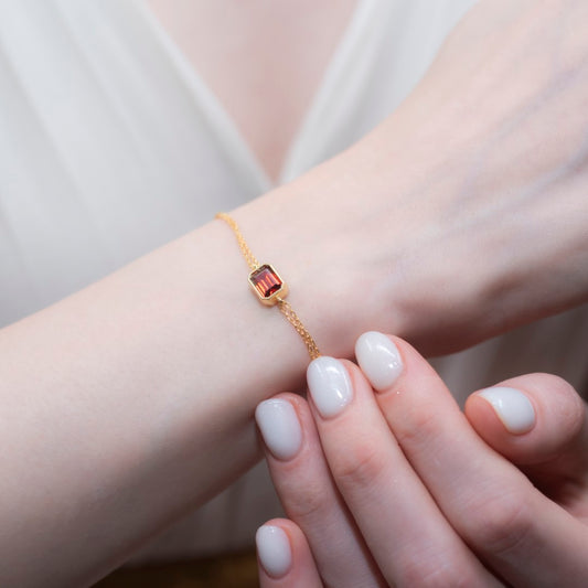 Garnet Rectangle Bracelet 10K/14K Solid Gold, January Birthstone Baguette Jewelry