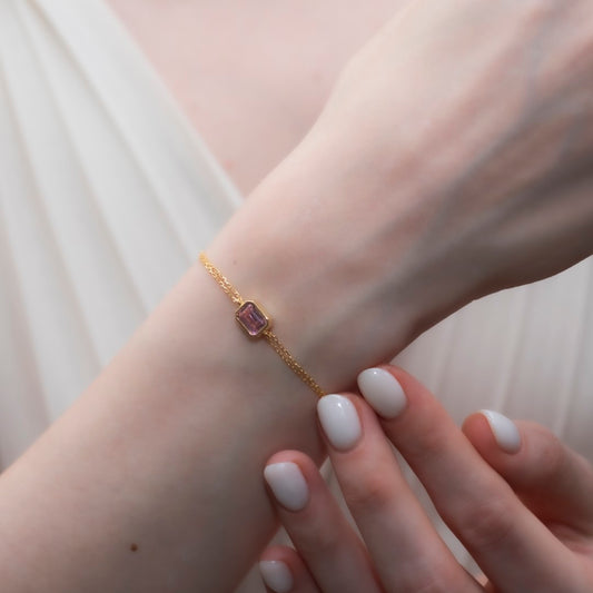 Pink Tourmaline Rectangle Bracelet 10K/14K Solid Gold, October Birthstone Baguette Jewelry