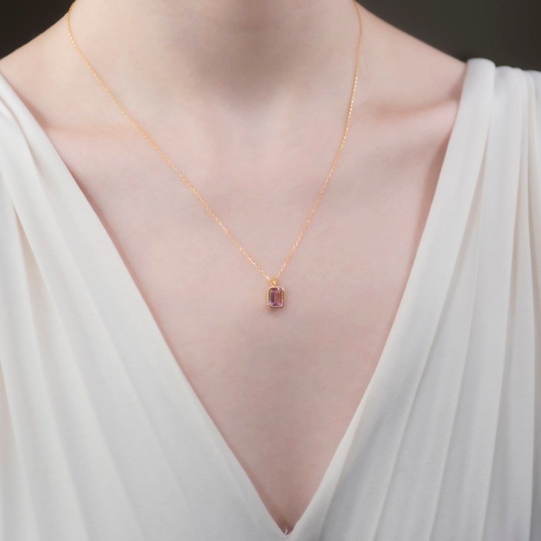 Pink Tourmaline Rectangle Bezel Necklace 14K Solid Gold, October Birthstone Pendant Queen Jewelry Necklace