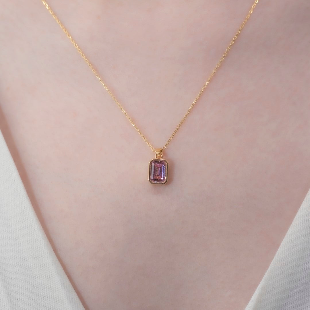 Pink Tourmaline Rectangle Bezel Necklace 14K Solid Gold, October Birthstone Pendant Queen Jewelry Necklace