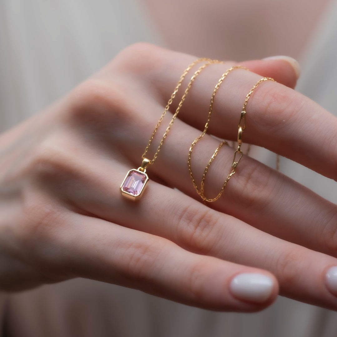 Pink Tourmaline Rectangle Bezel Necklace 14K Solid Gold, October Birthstone Pendant Queen Jewelry Necklace