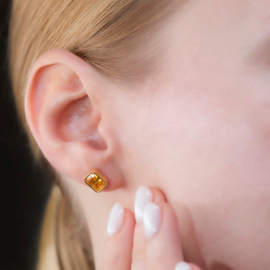 Rectangle Yellow Topaz Stud Earrings in 14K Solid Gold, Birthstone Baguette Cut Jewelry Queen Jewelry Earrings