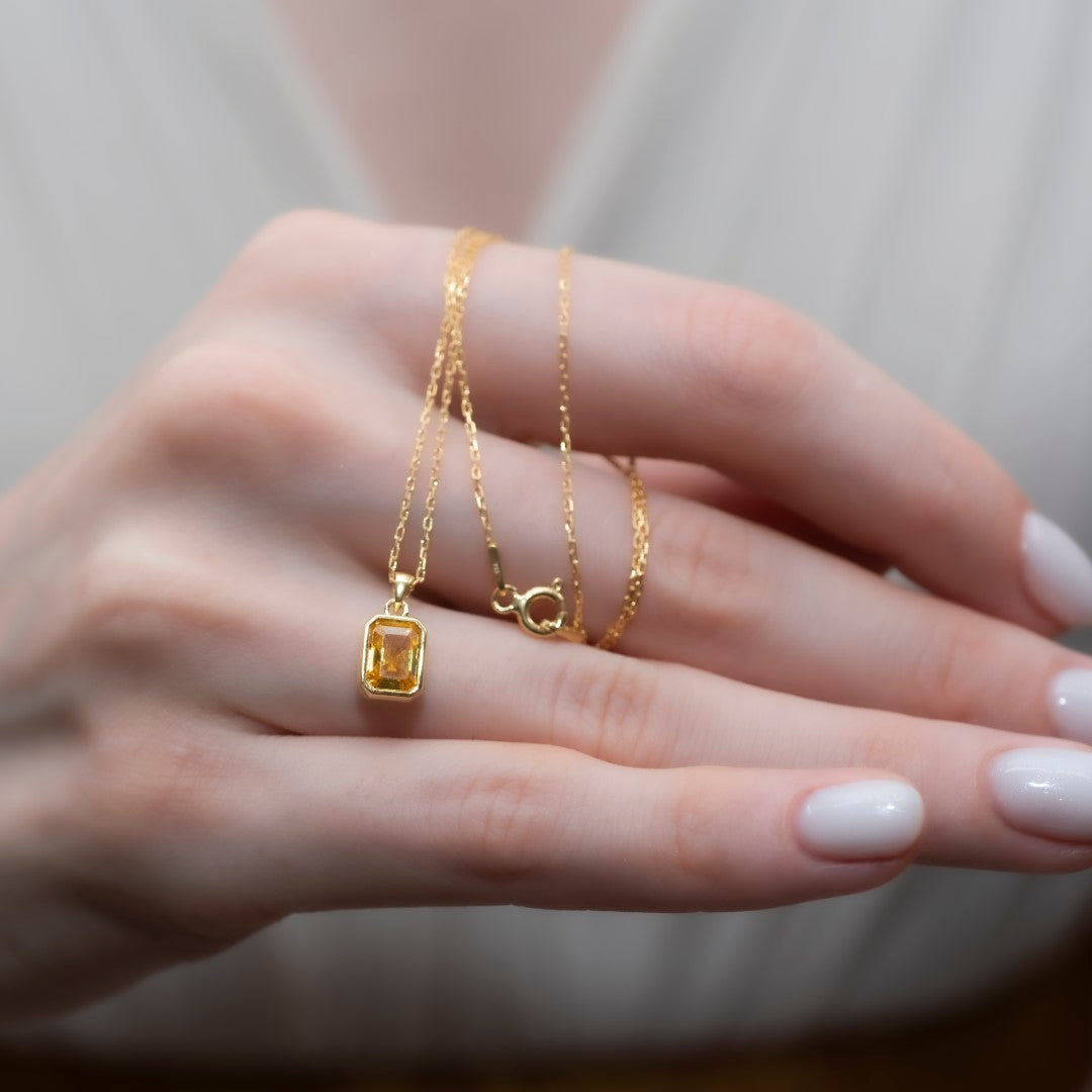 Yellow Topaz Rectangle Necklace 14K Solid Gold Queen Jewelry Necklace