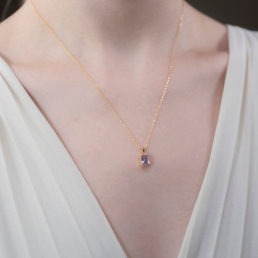 Alexandrite Rectangle Bezel Necklace 14K Solid Gold, June Birthstone Pendant Queen Jewelry Necklace