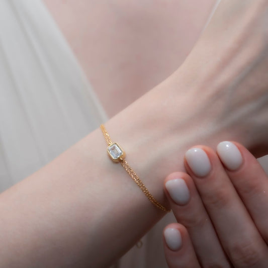 White Topaz Rectangle Bracelet 10K/14K Solid Gold, April Birthstone Baguette Jewelry