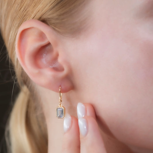 Rectangle White Topaz Dangling Earrings in 14K Solid Gold, April Birthstone Baguette Cut Jewelry Queen Jewelry Earrings