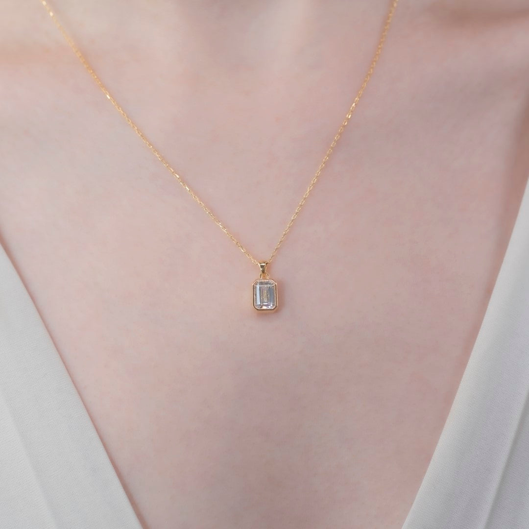 White Topaz Rectangle Pendant Necklace 14K Solid Gold, April Birthstone Pendant Queen Jewelry Necklace