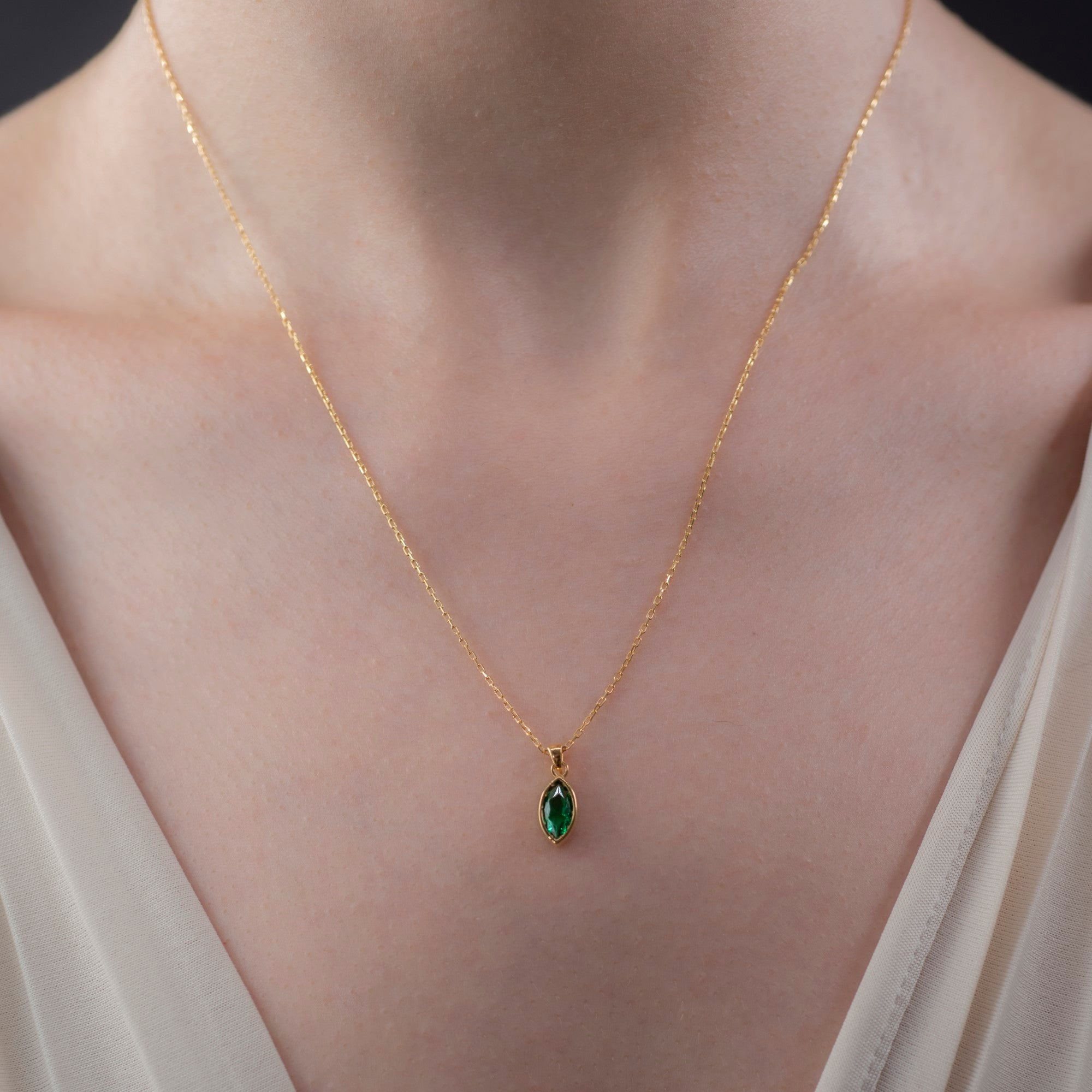 Marquise Cut Emerald Bezel Necklace 14K Solid Gold, May Birthstone Pendant Queen Jewelry Necklace