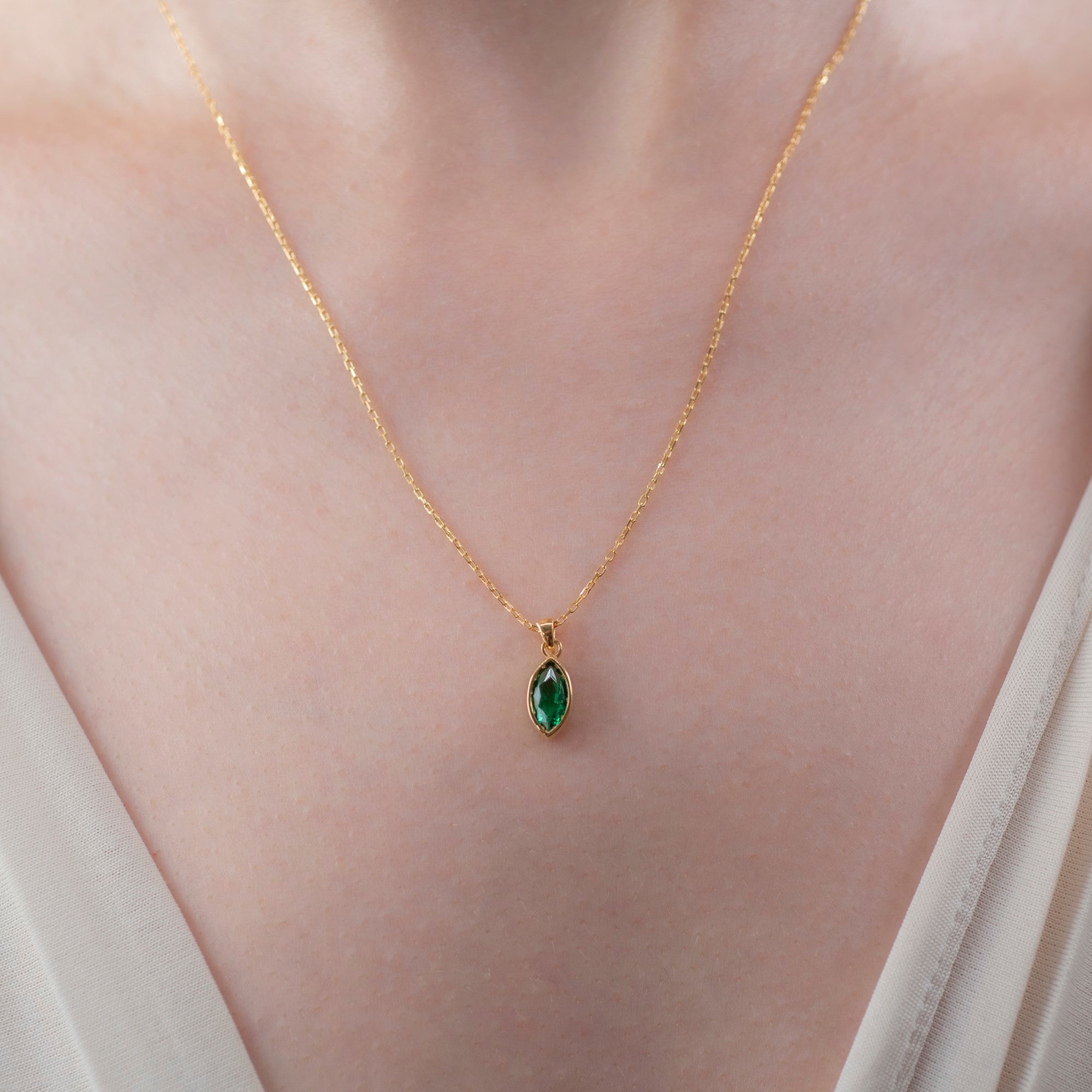 Marquise Cut Emerald Bezel Necklace 14K Solid Gold, May Birthstone Pendant Queen Jewelry Necklace