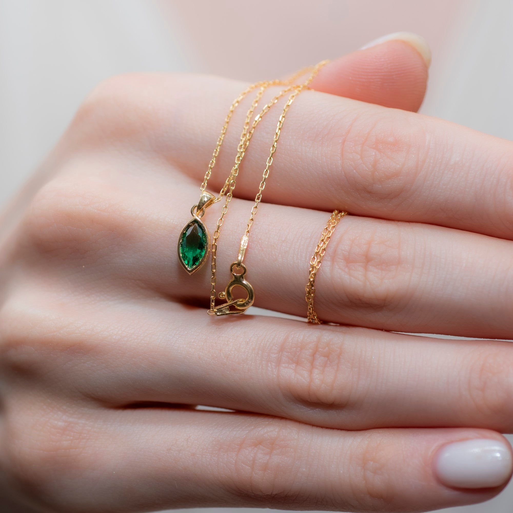 Marquise Cut Emerald Bezel Necklace 14K Solid Gold, May Birthstone Pendant Queen Jewelry Necklace