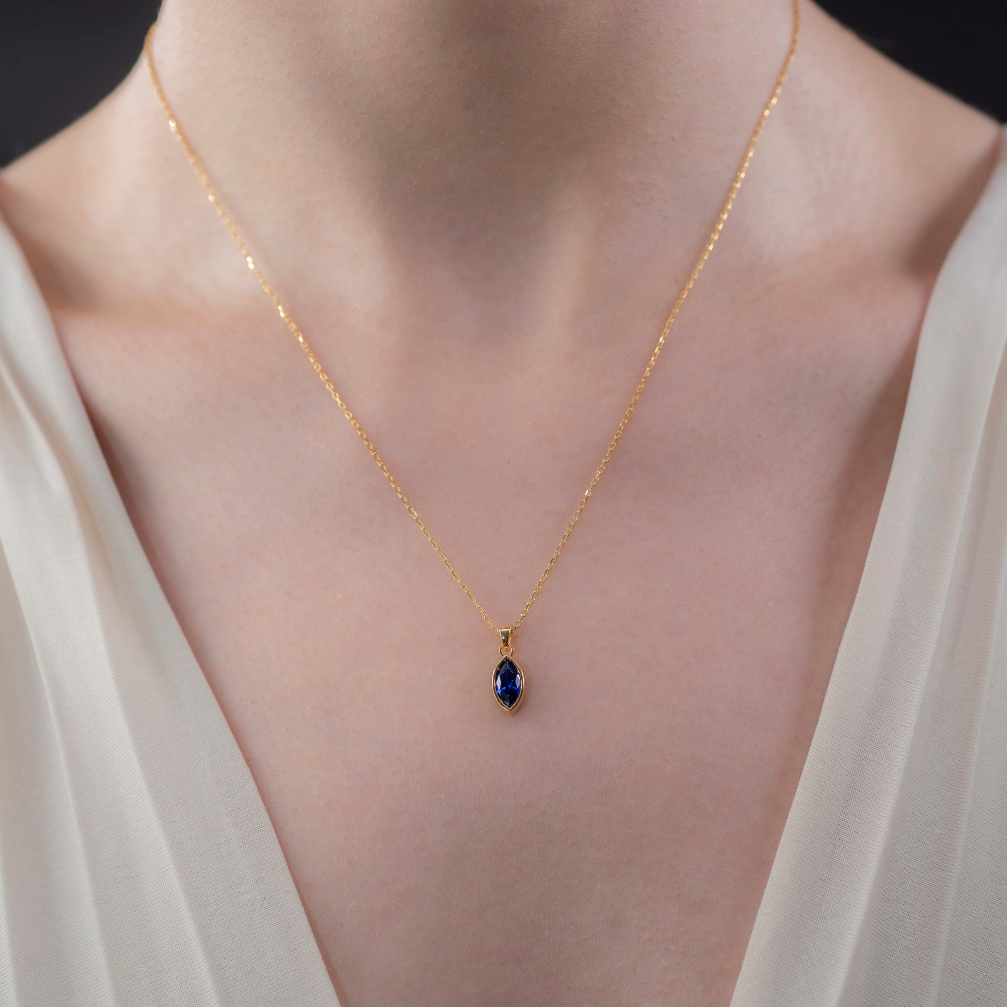 Marquise Cut Sapphire Bezel Necklace 14K Solid Gold, September Birthstone Pendant Queen Jewelry Necklace