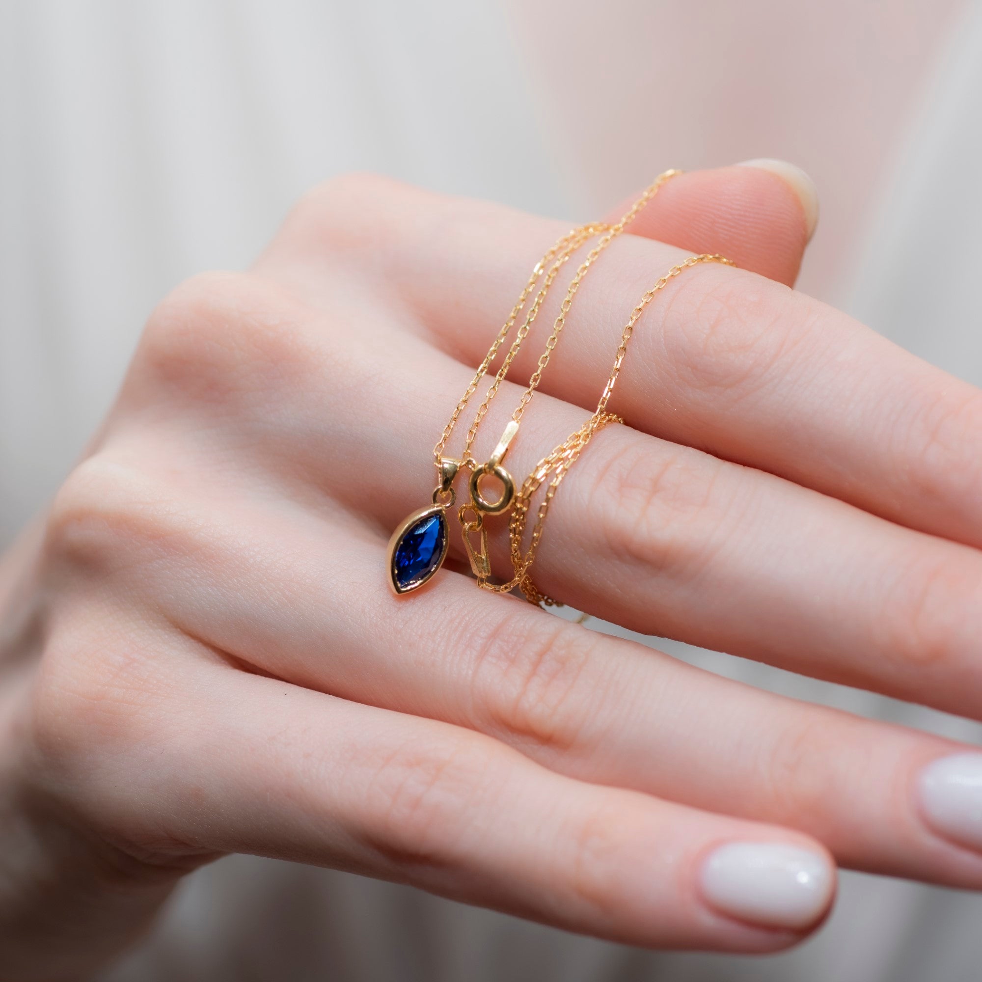 Marquise Cut Sapphire Bezel Necklace 14K Solid Gold, September Birthstone Pendant Queen Jewelry Necklace