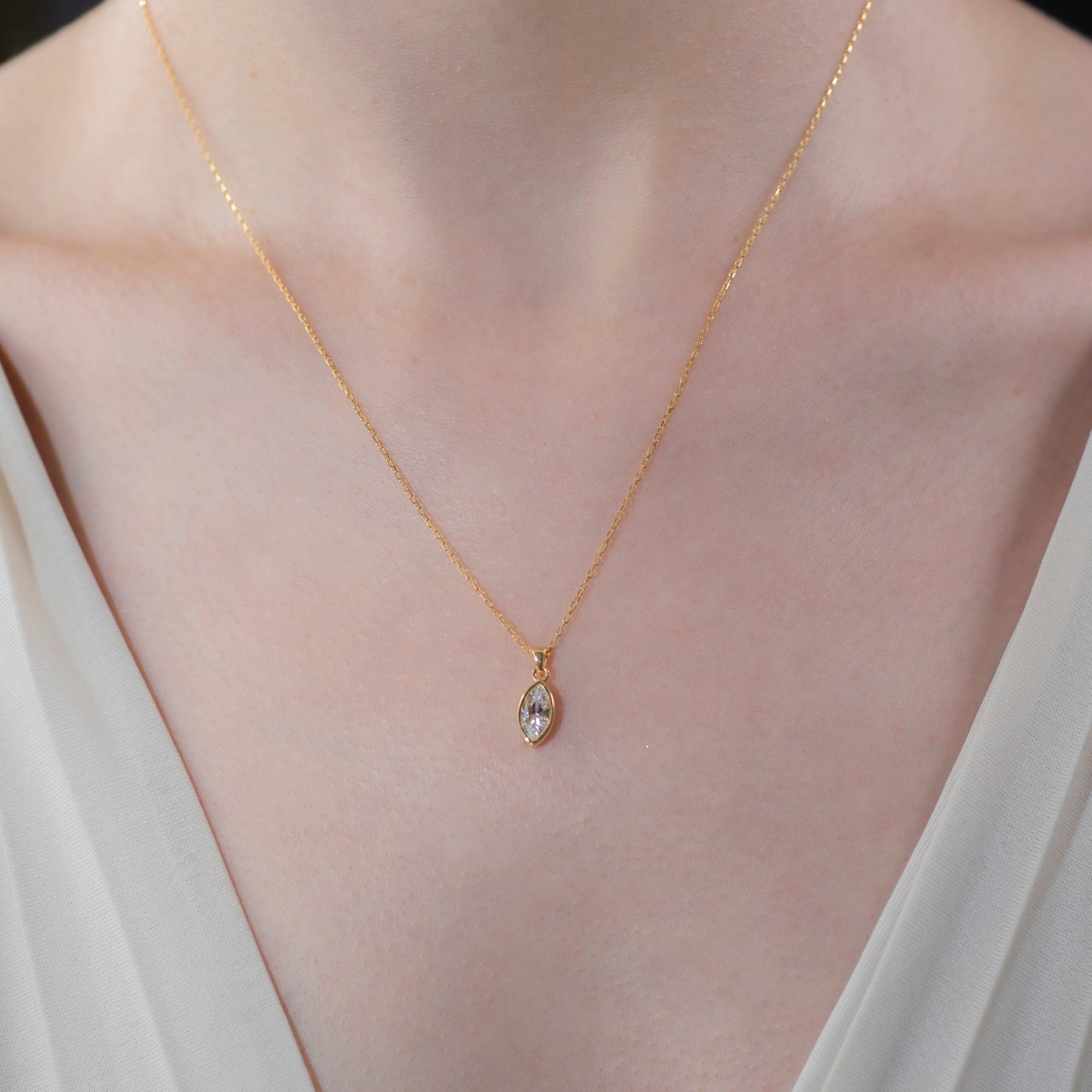 Marquise Cut White Topaz Bezel Necklace 14K Solid Gold, April Birthstone Pendant Queen Jewelry Necklace