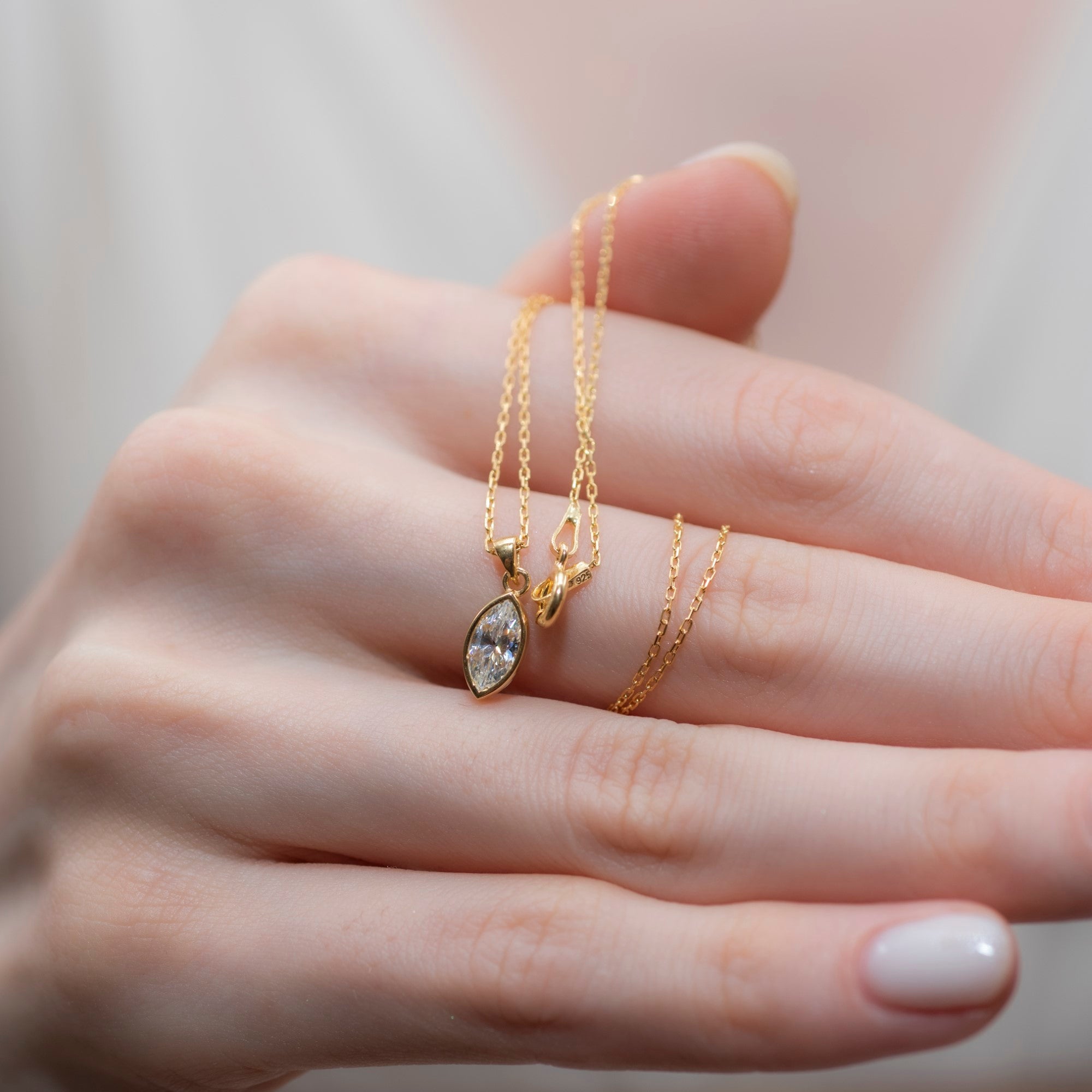 Marquise Cut White Topaz Bezel Necklace 14K Solid Gold, April Birthstone Pendant Queen Jewelry Necklace