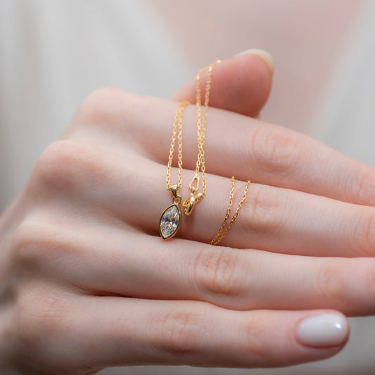 Marquise Cut White Topaz Bezel Necklace 14K Solid Gold, April Birthstone Pendant Queen Jewelry Necklace