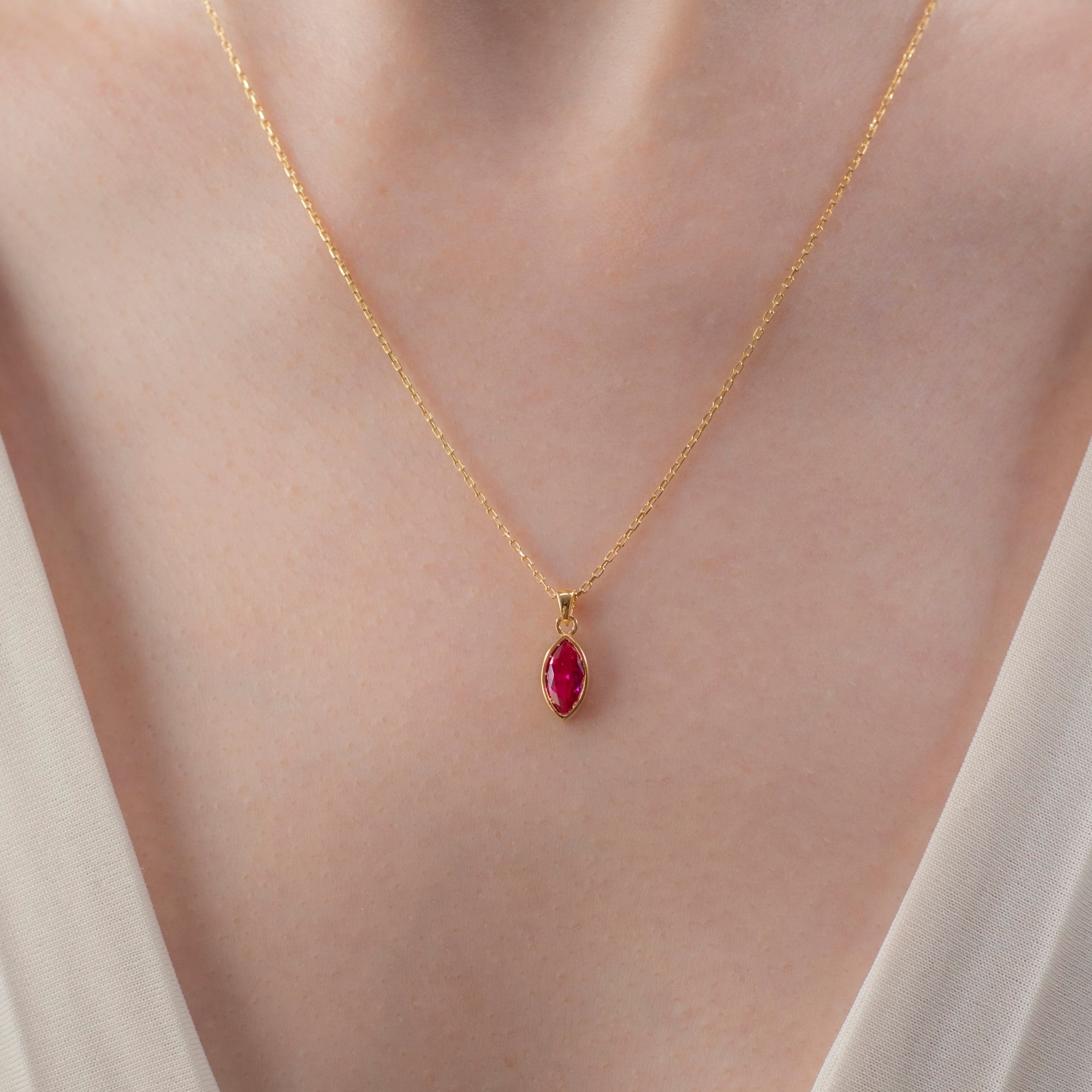 Marquise Cut Ruby Bezel Necklace 14K Solid Gold, July Birthstone Pendant Queen Jewelry Necklace