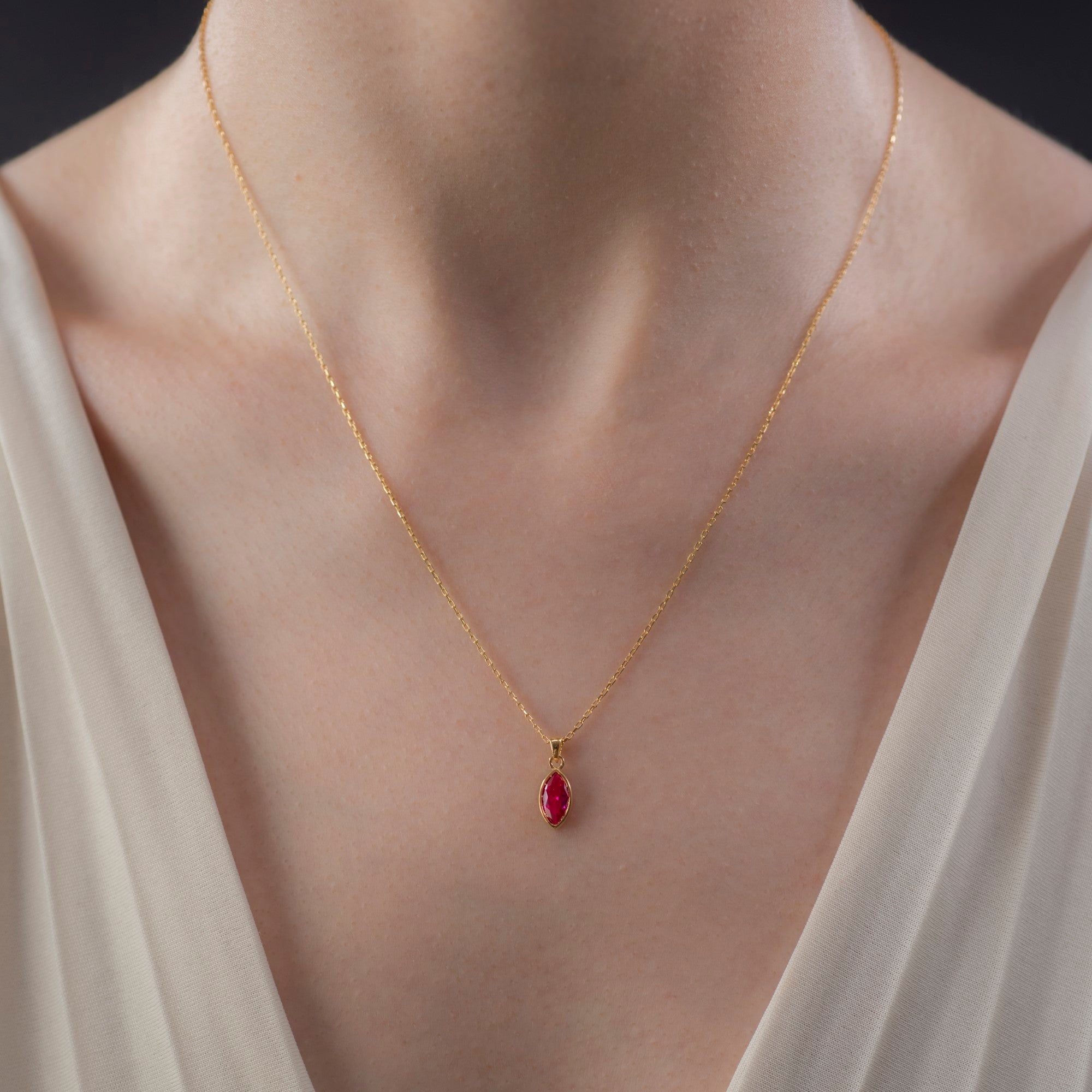 Marquise Cut Ruby Bezel Necklace 14K Solid Gold, July Birthstone Pendant Queen Jewelry Necklace