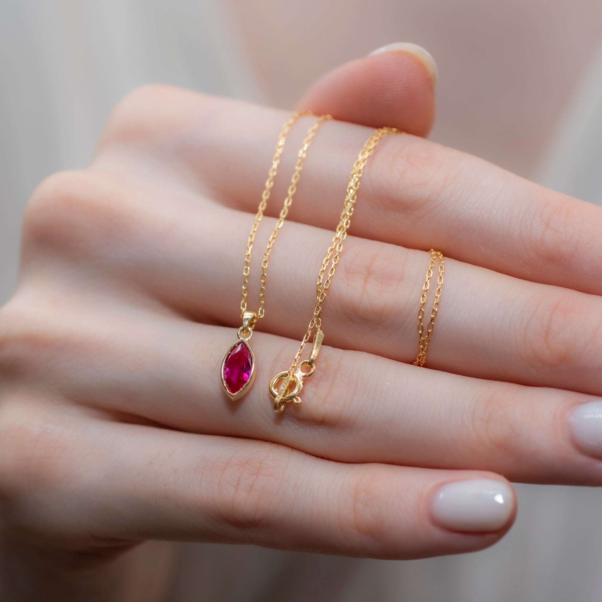 Marquise Cut Ruby Bezel Necklace 14K Solid Gold, July Birthstone Pendant Queen Jewelry Necklace