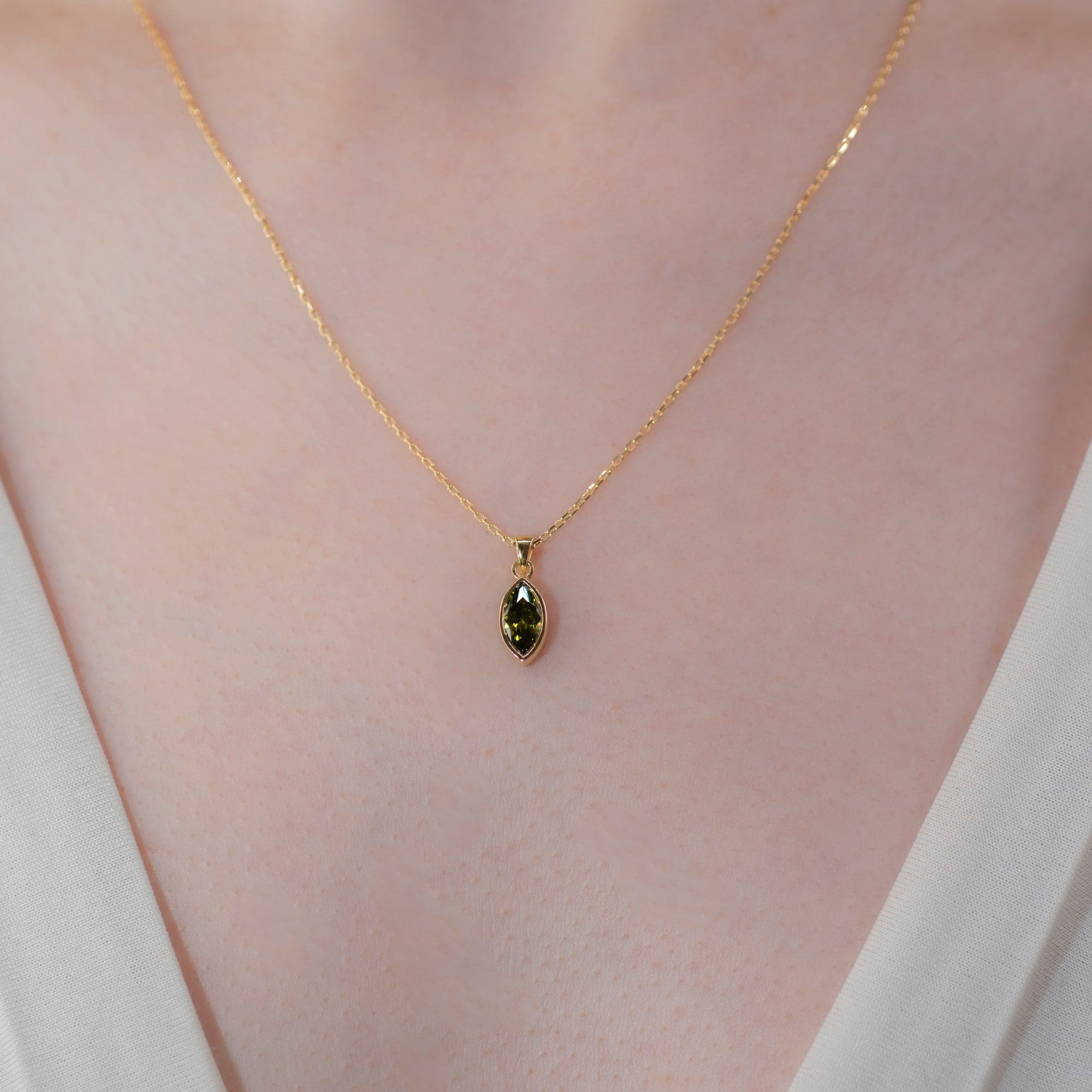 Marquise Cut Peridot Bezel Necklace 14K Solid Gold, August Birthstone Pendant Queen Jewelry Necklace