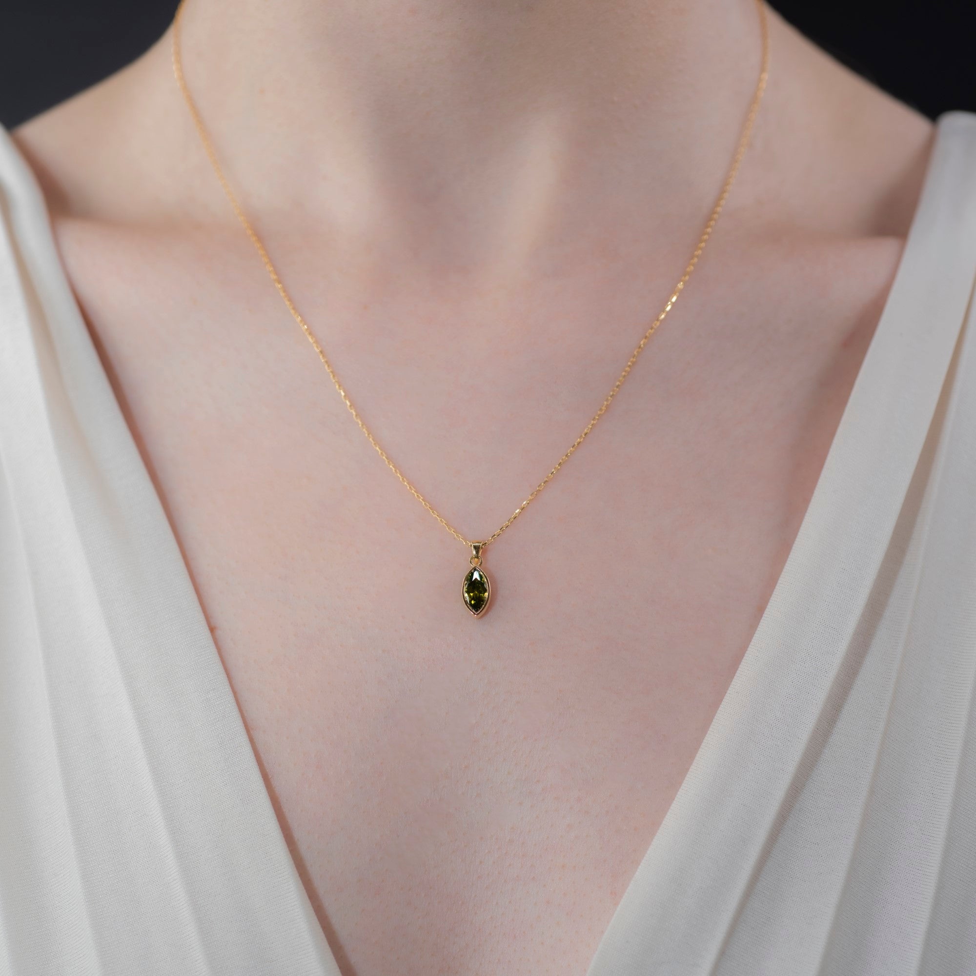 Marquise Cut Peridot Bezel Necklace 14K Solid Gold, August Birthstone Pendant Queen Jewelry Necklace