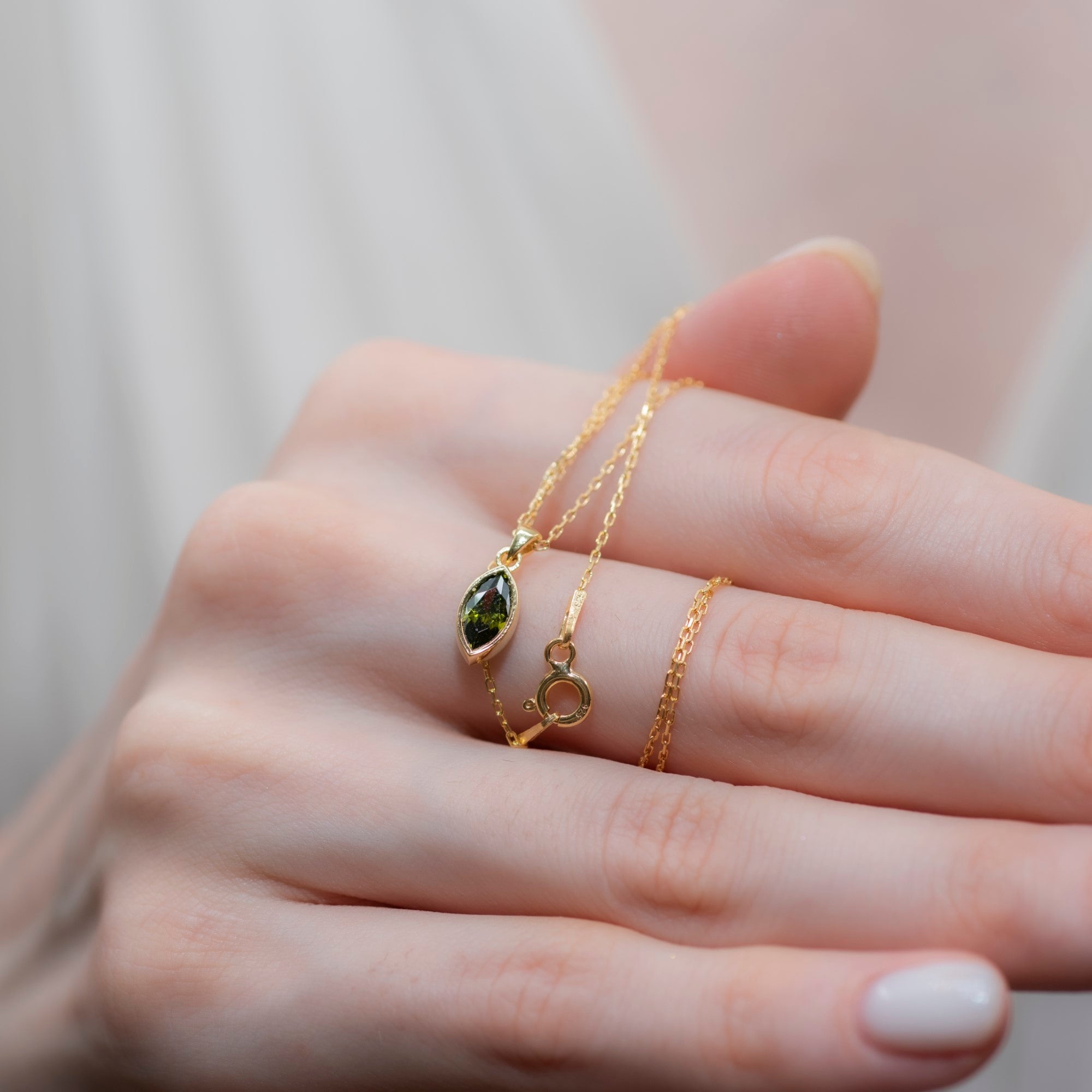 Marquise Cut Peridot Bezel Necklace 14K Solid Gold, August Birthstone Pendant Queen Jewelry Necklace