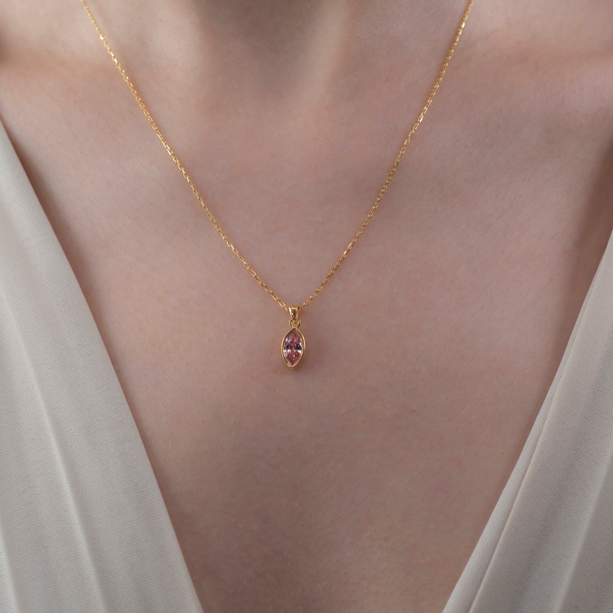 Marquise Cut Pink Tourmaline Bezel Necklace 14K Solid Gold, October Birthstone Pendant Queen Jewelry Necklace