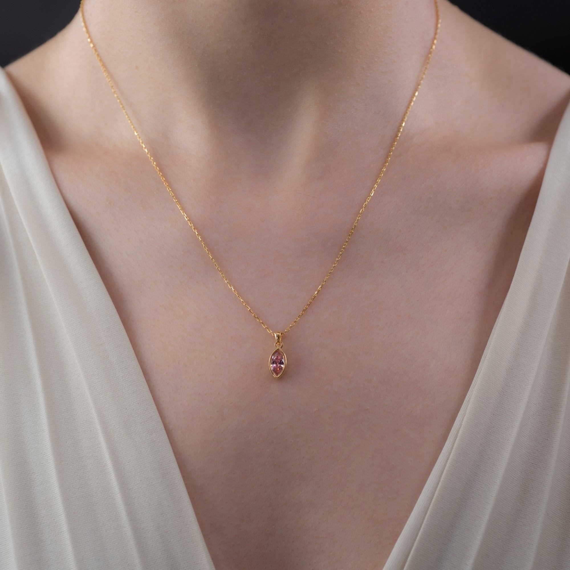 Marquise Cut Pink Tourmaline Bezel Necklace 14K Solid Gold, October Birthstone Pendant Queen Jewelry Necklace