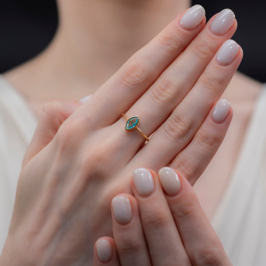 Aquamarine Ring Bezel Marquise Cut in 14K Solid Gold, March Birthstone Jewelry Queen Jewelry Rings