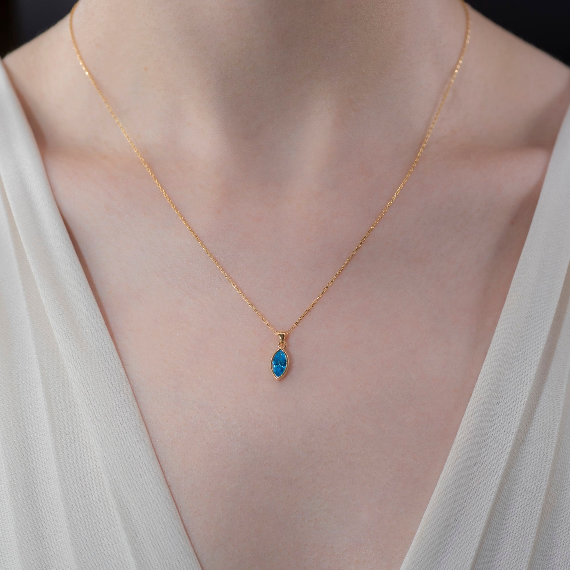 Marquise Cut Blue Topaz Bezel Necklace 14K Solid Gold, December Birthstone Pendant Queen Jewelry Necklace