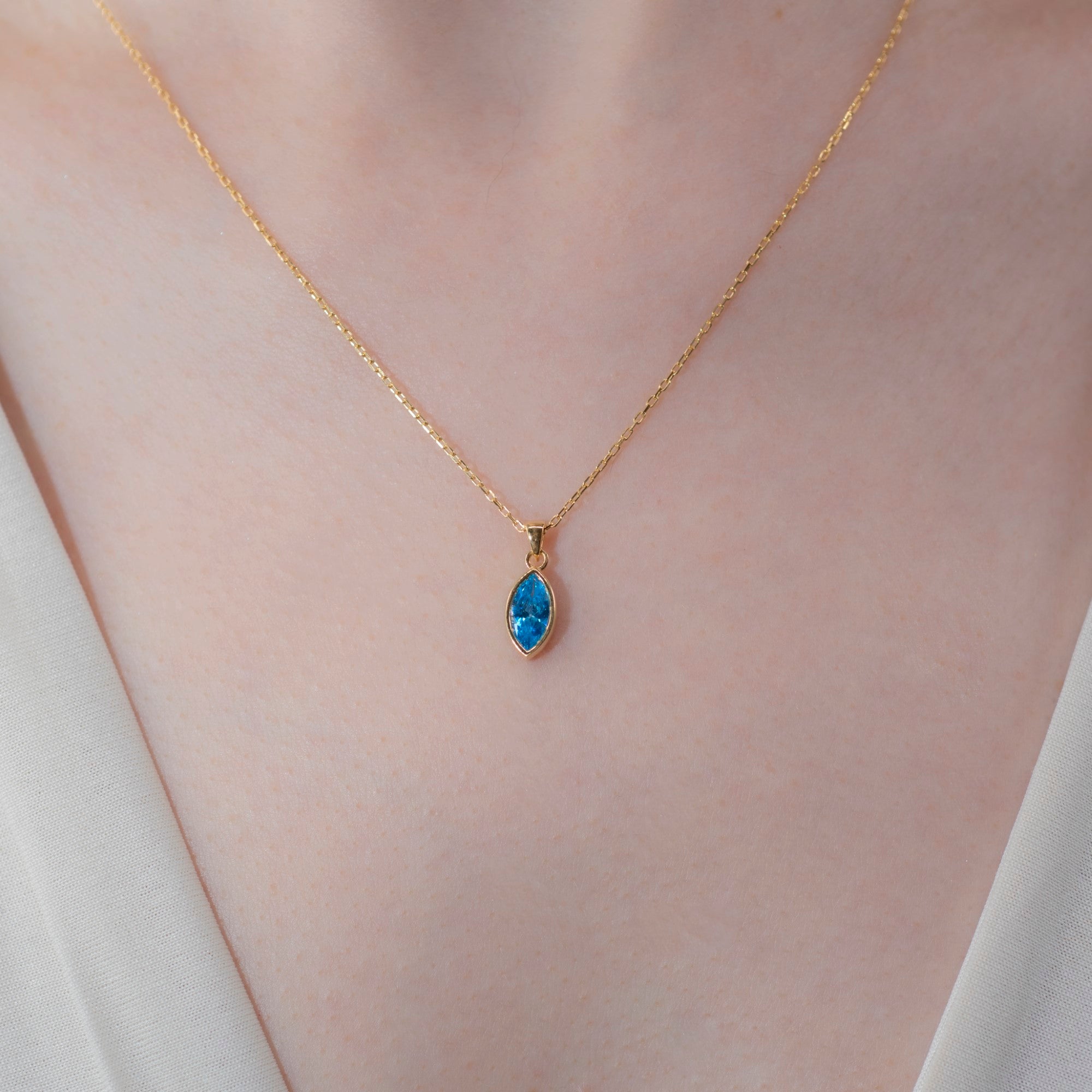 Marquise Cut Blue Topaz Bezel Necklace 14K Solid Gold, December Birthstone Pendant Queen Jewelry Necklace