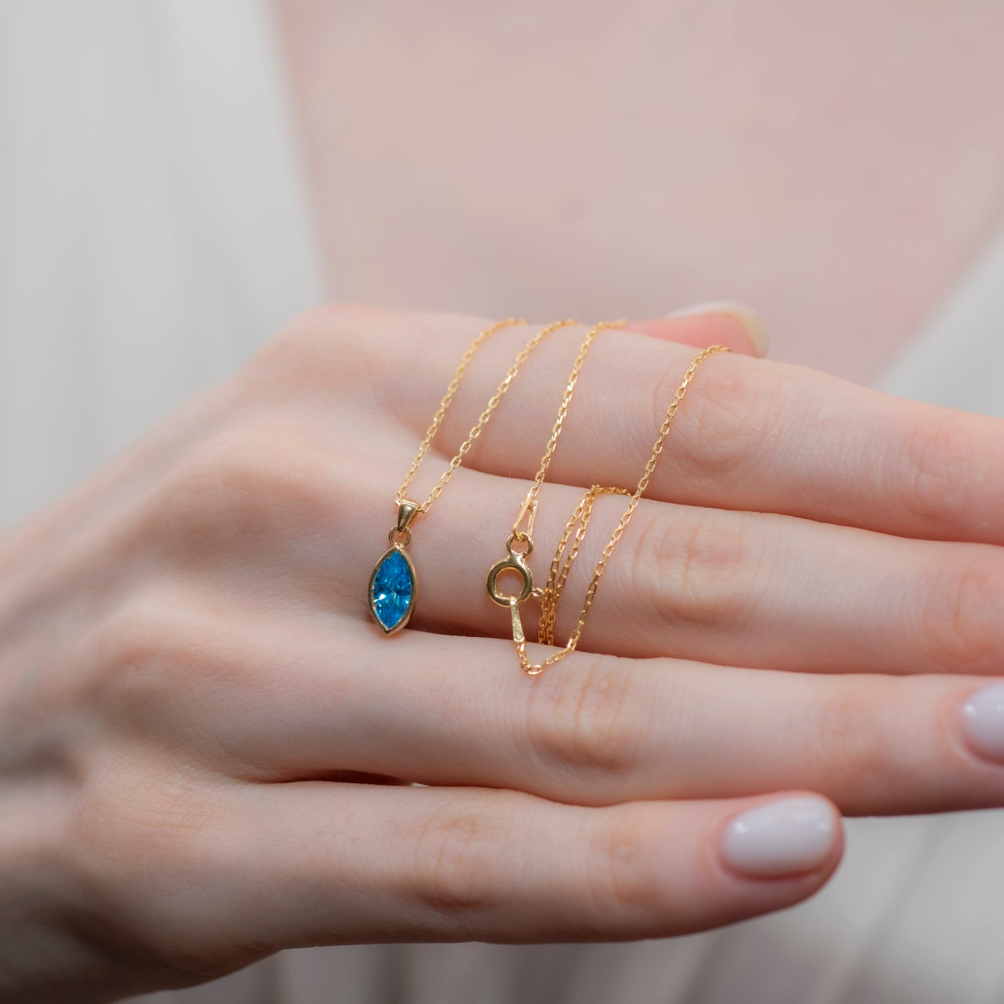Marquise Cut Blue Topaz Bezel Necklace 14K Solid Gold, December Birthstone Pendant Queen Jewelry Necklace