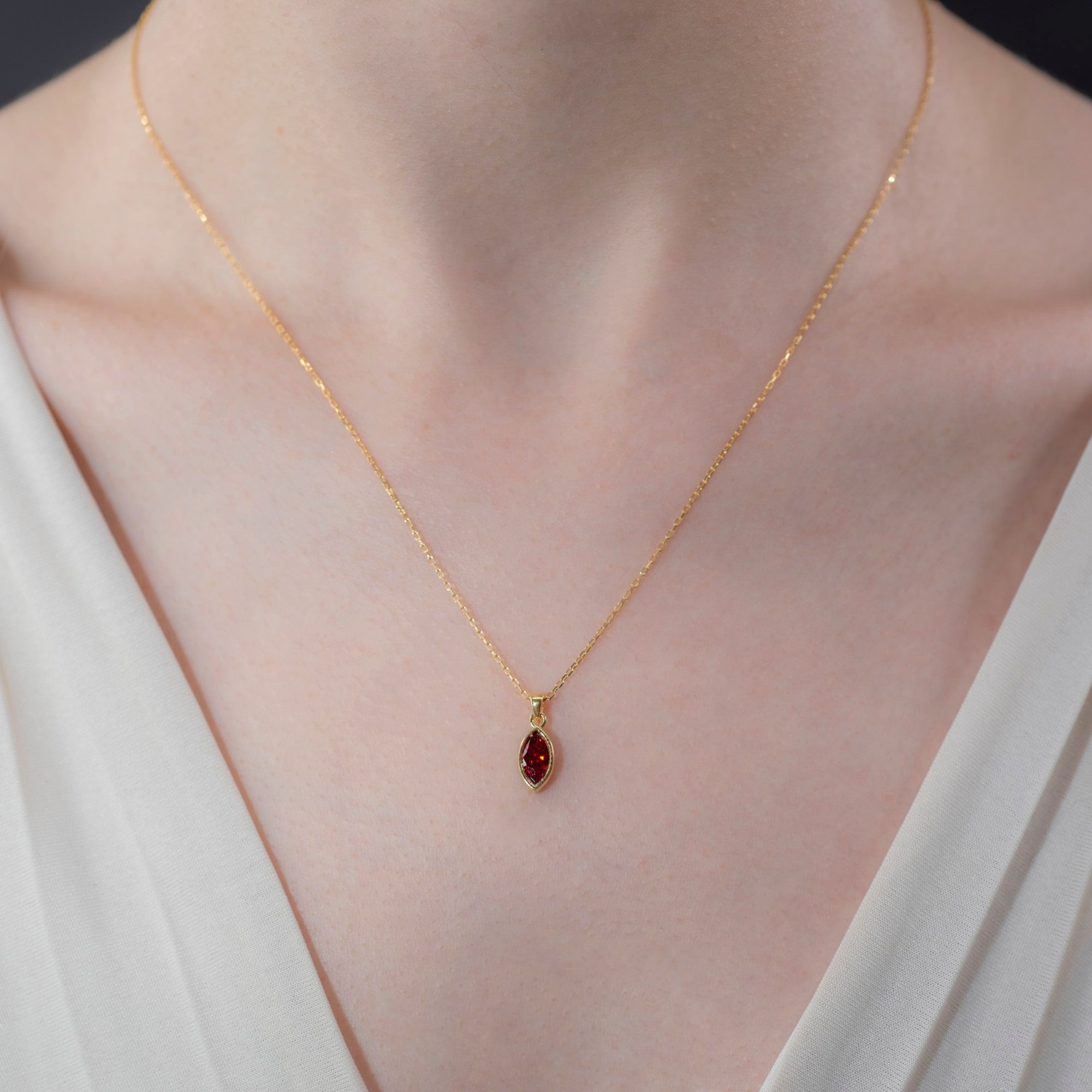 Marquise Cut Garnet Bezel Necklace 14K Solid Gold, January Birthstone Pendant Queen Jewelry Necklace