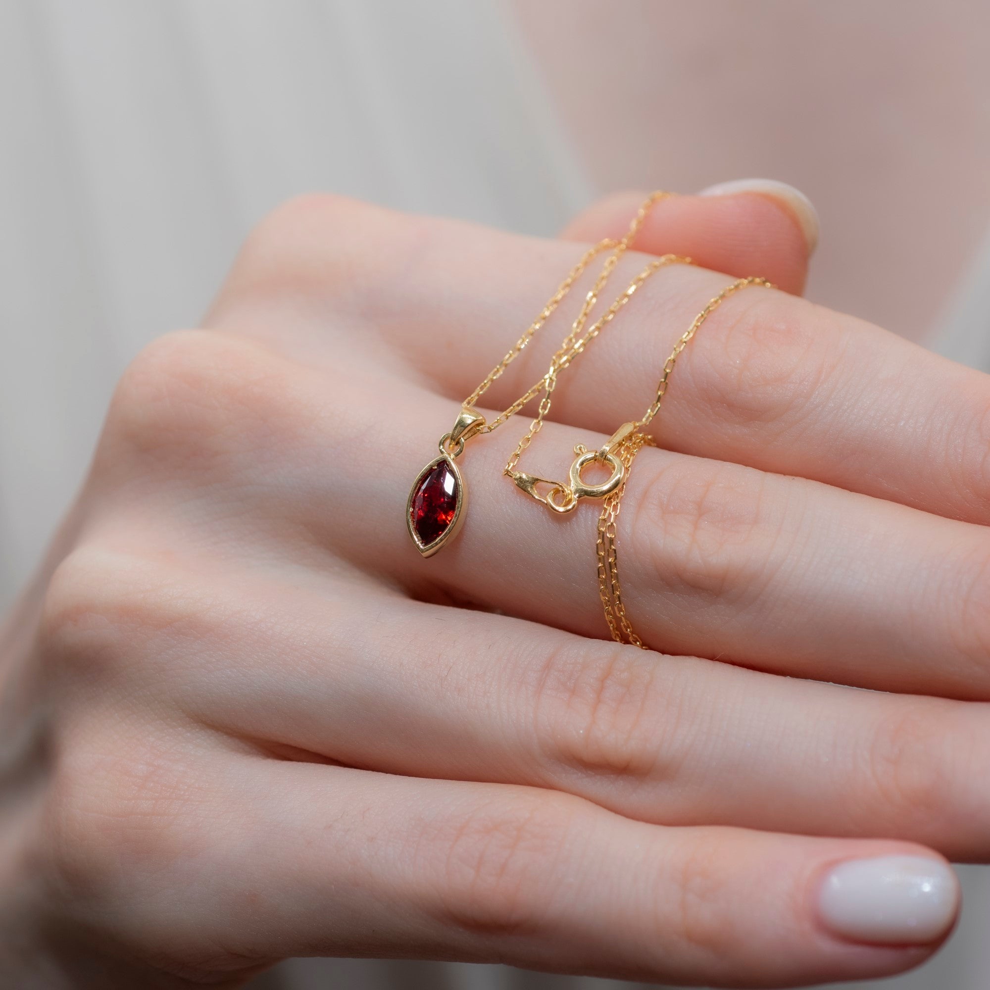 Marquise Cut Garnet Bezel Necklace 14K Solid Gold, January Birthstone Pendant Queen Jewelry Necklace