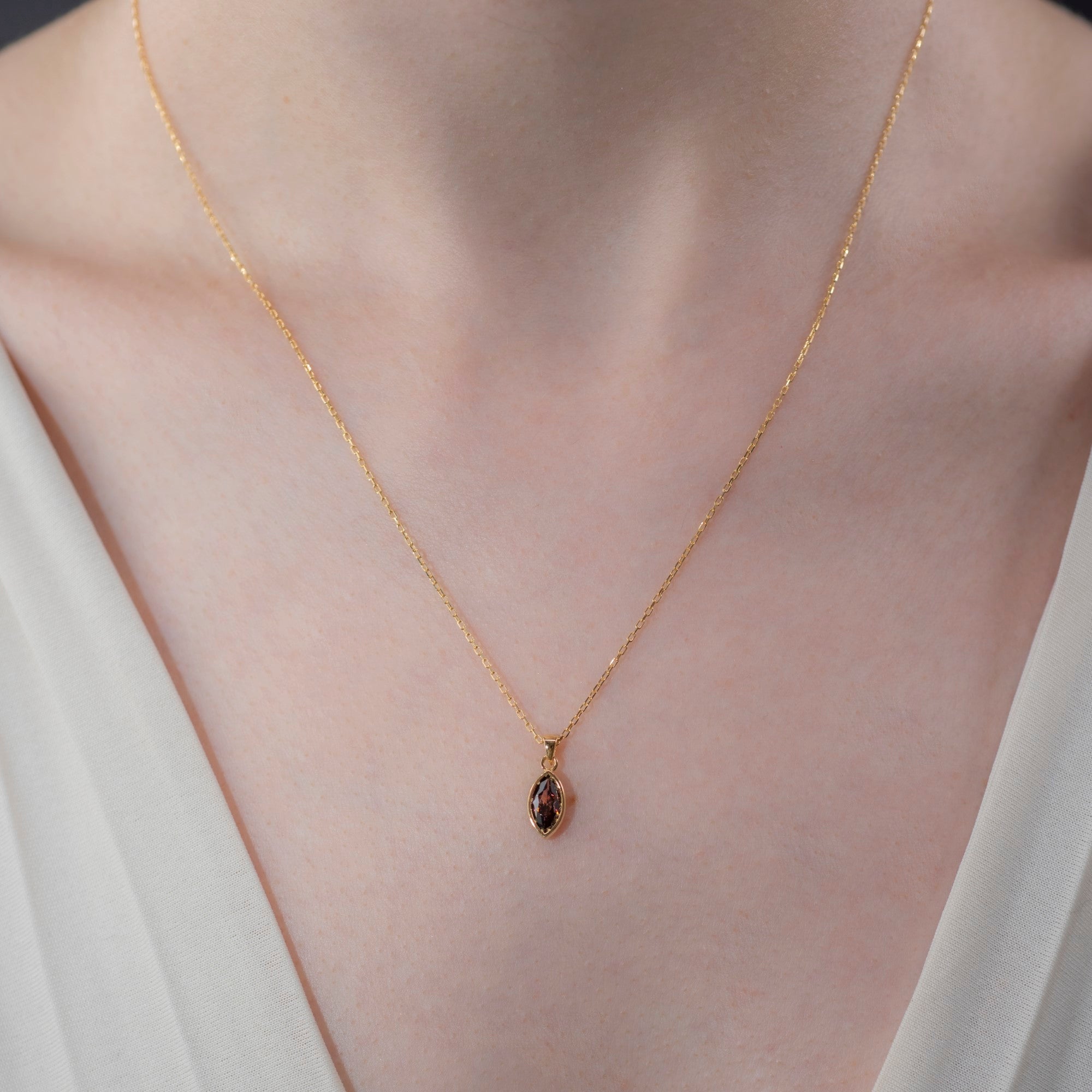 Marquise Cut Smoky Quartz Bezel Necklace 14K Solid Gold, Birthstone Pendant Queen Jewelry Necklace