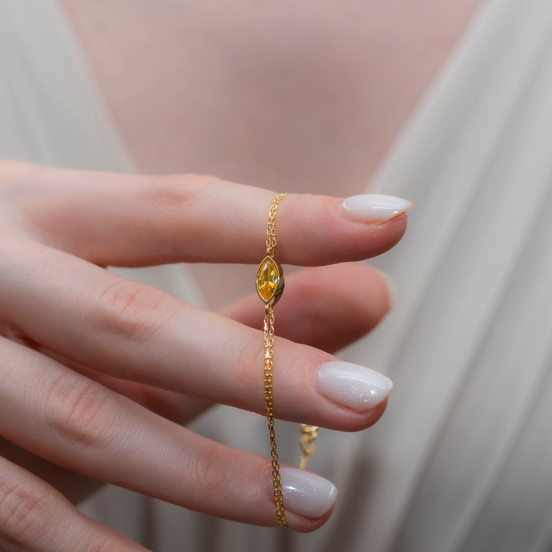 Bezel Marquise Cut Yellow Topaz Bracelet 14K Solid Gold Queen Jewelry Bracelet