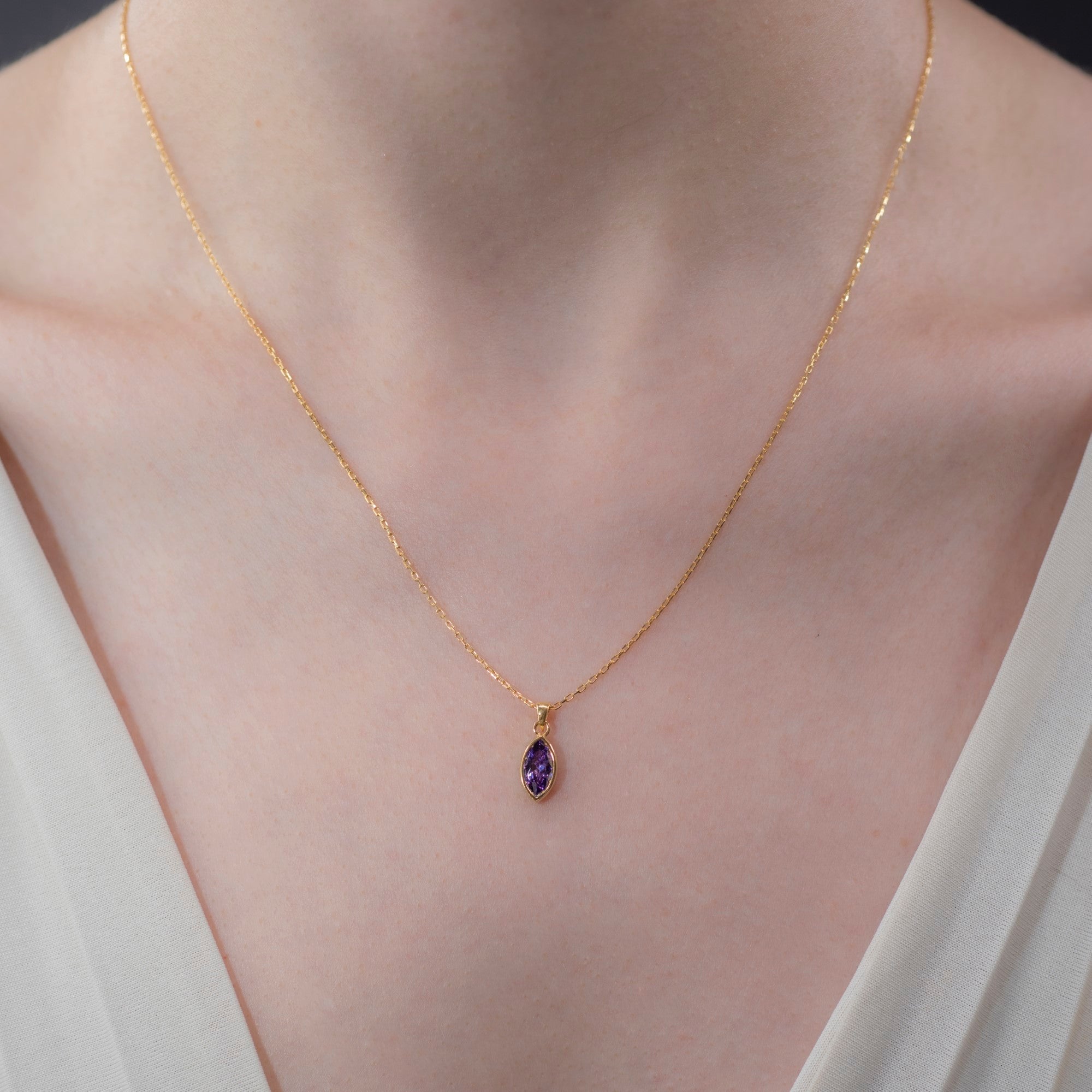 Marquise Cut Amethyst Bezel Necklace 14K Solid Gold, February Birthstone Pendant Queen Jewelry Necklace