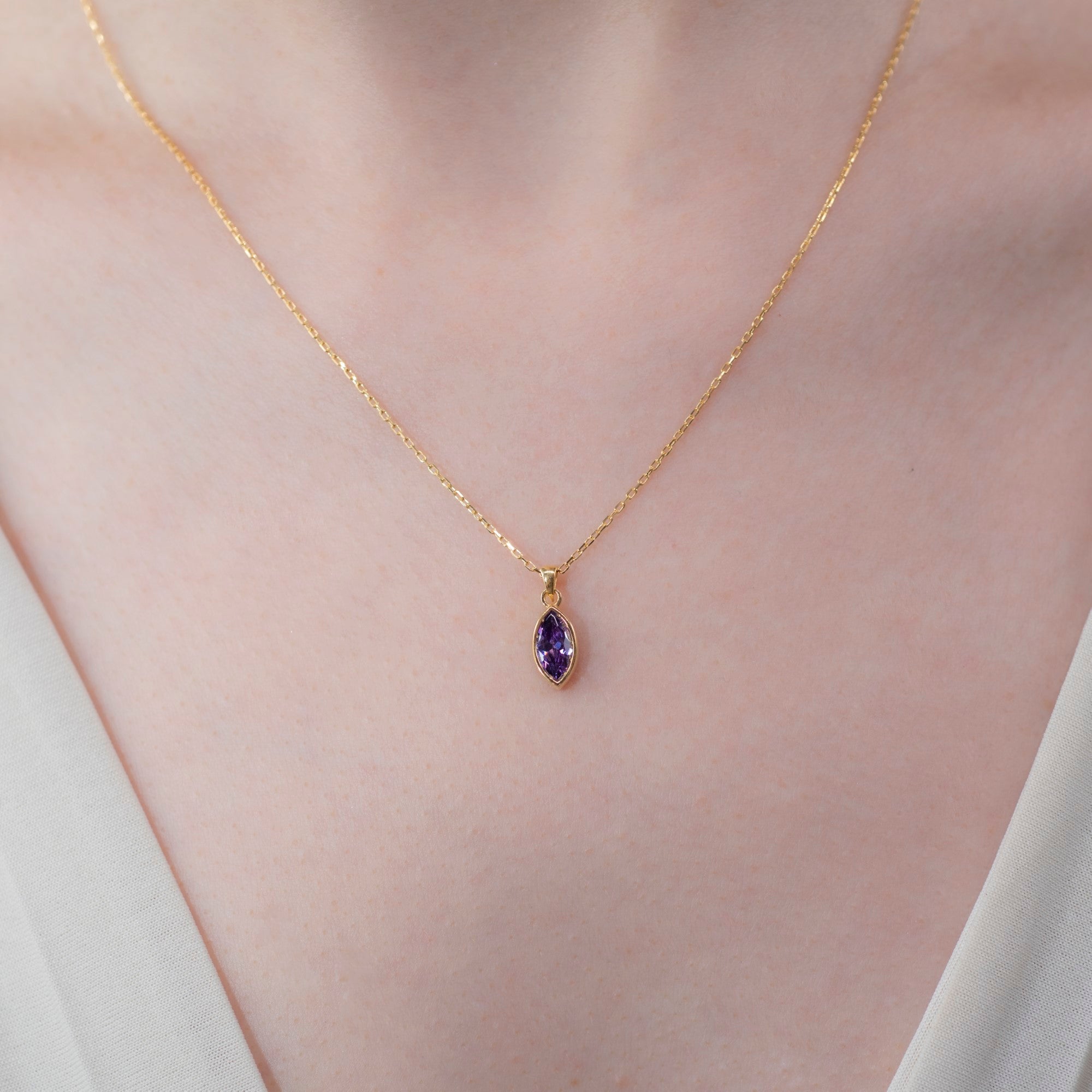 Marquise Cut Amethyst Bezel Necklace 14K Solid Gold, February Birthstone Pendant Queen Jewelry Necklace