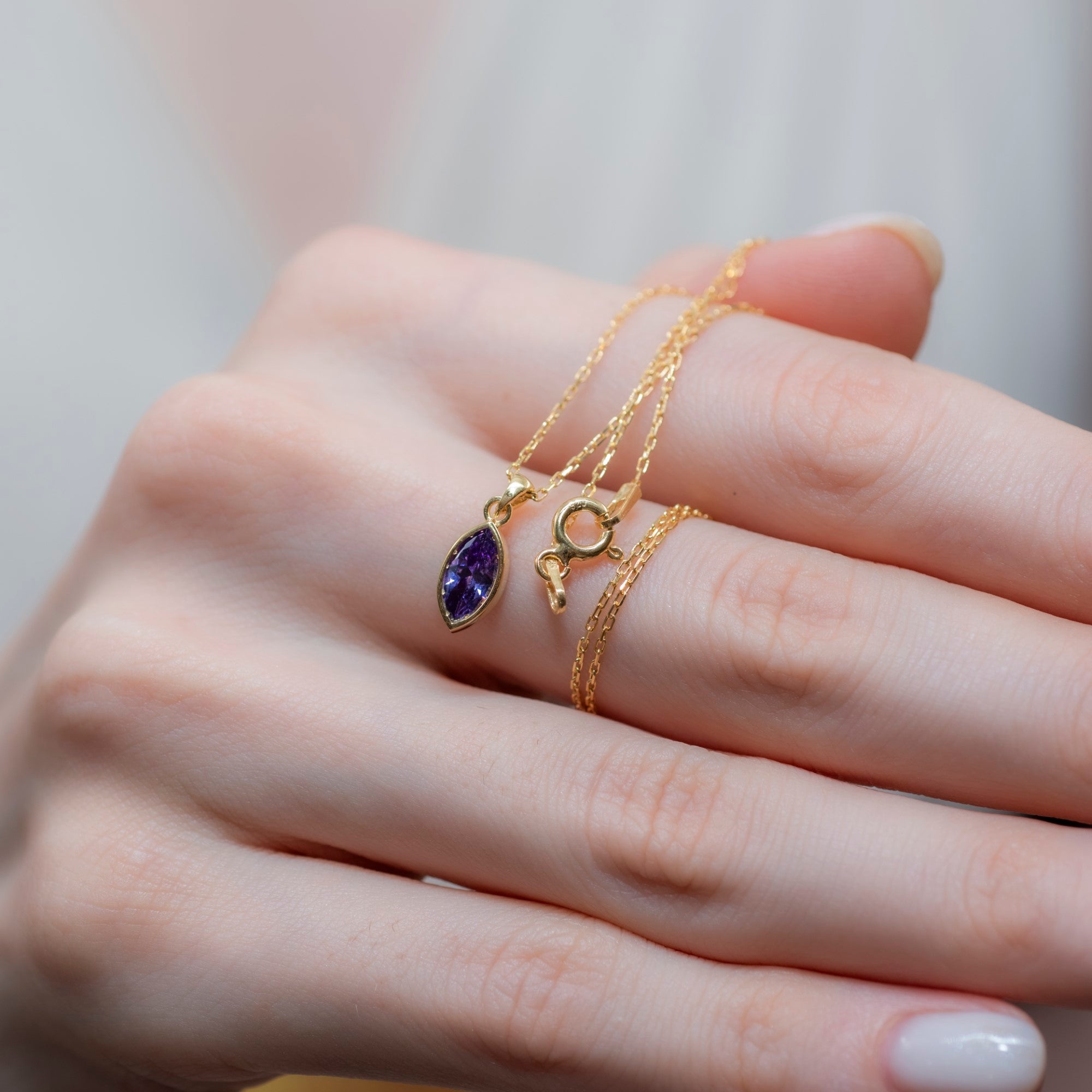 Marquise Cut Amethyst Bezel Necklace 14K Solid Gold, February Birthstone Pendant Queen Jewelry Necklace