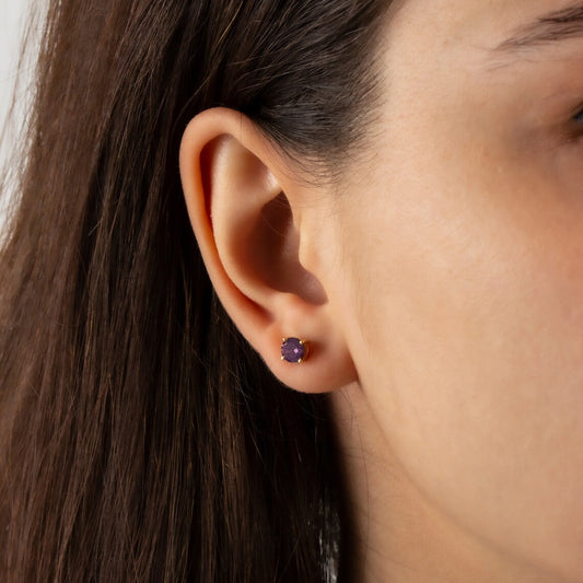 Round Amethyst Stud Earrings 10K/14K Solid Gold, February Birthstone