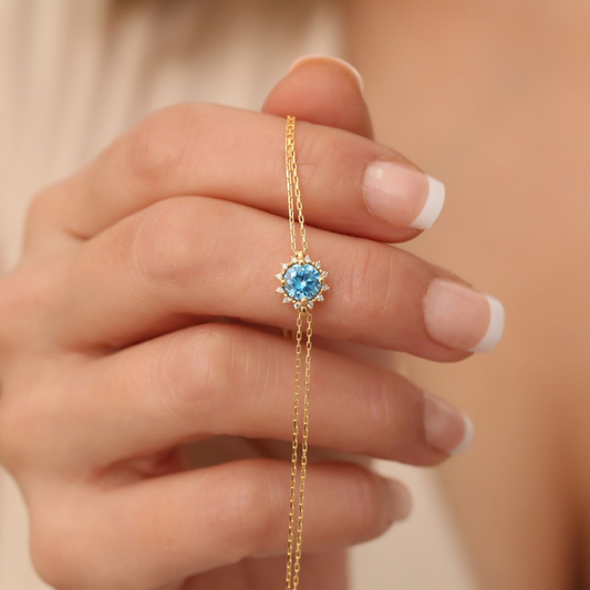 Round Blue Topaz Bracelet with Real Diamond, 8K/10K/14K Solid Gold, December Birthstone